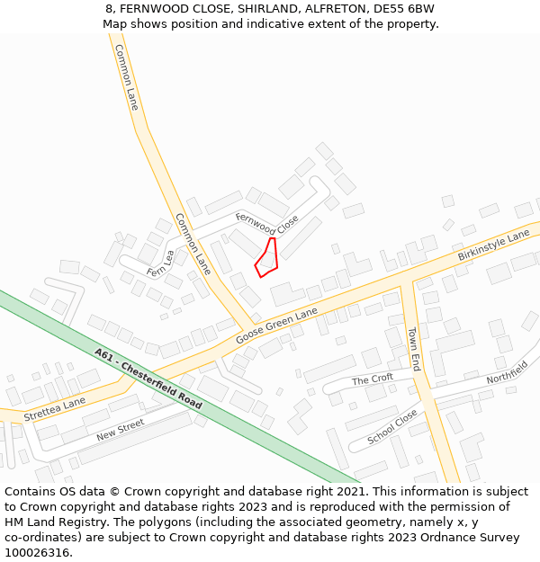 8, FERNWOOD CLOSE, SHIRLAND, ALFRETON, DE55 6BW: Location map and indicative extent of plot