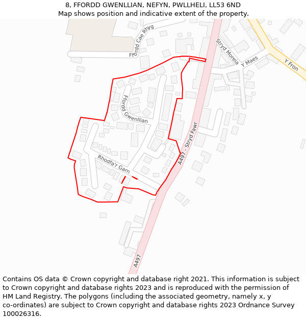 8, FFORDD GWENLLIAN, NEFYN, PWLLHELI, LL53 6ND: Location map and indicative extent of plot