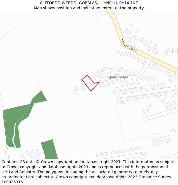 8, FFORDD WERDD, GORSLAS, LLANELLI, SA14 7NE: Location map and indicative extent of plot