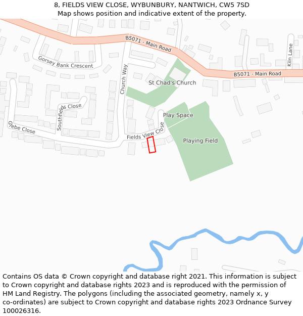 8, FIELDS VIEW CLOSE, WYBUNBURY, NANTWICH, CW5 7SD: Location map and indicative extent of plot