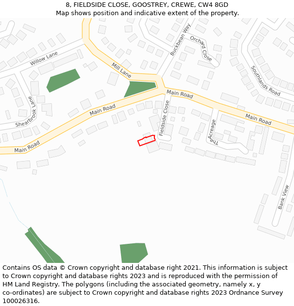 8, FIELDSIDE CLOSE, GOOSTREY, CREWE, CW4 8GD: Location map and indicative extent of plot