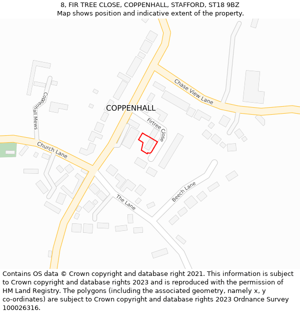 8, FIR TREE CLOSE, COPPENHALL, STAFFORD, ST18 9BZ: Location map and indicative extent of plot