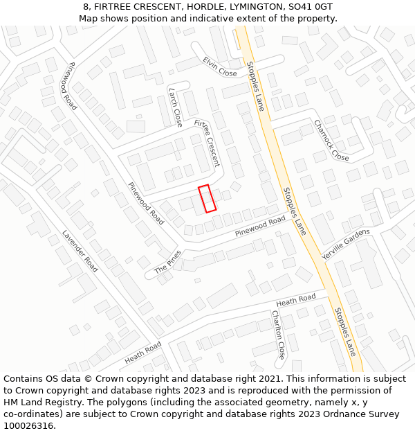 8, FIRTREE CRESCENT, HORDLE, LYMINGTON, SO41 0GT: Location map and indicative extent of plot