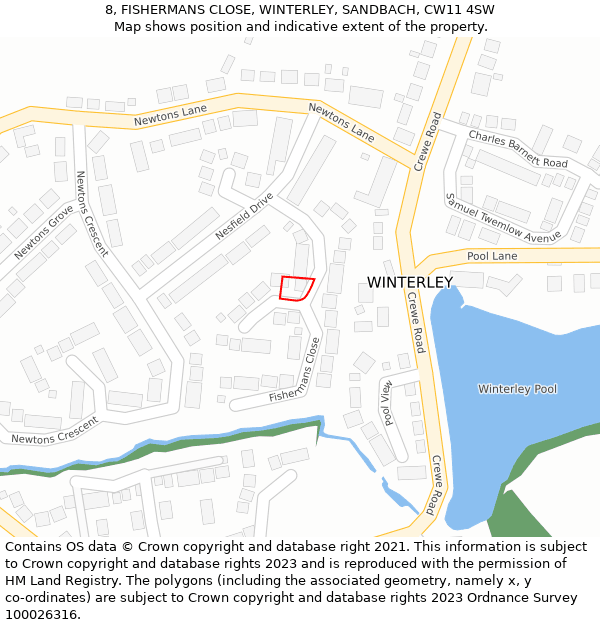 8, FISHERMANS CLOSE, WINTERLEY, SANDBACH, CW11 4SW: Location map and indicative extent of plot