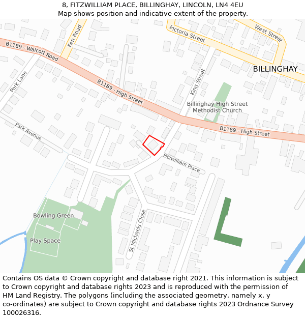 8, FITZWILLIAM PLACE, BILLINGHAY, LINCOLN, LN4 4EU: Location map and indicative extent of plot