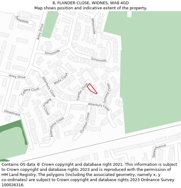 8, FLANDER CLOSE, WIDNES, WA8 4GD: Location map and indicative extent of plot