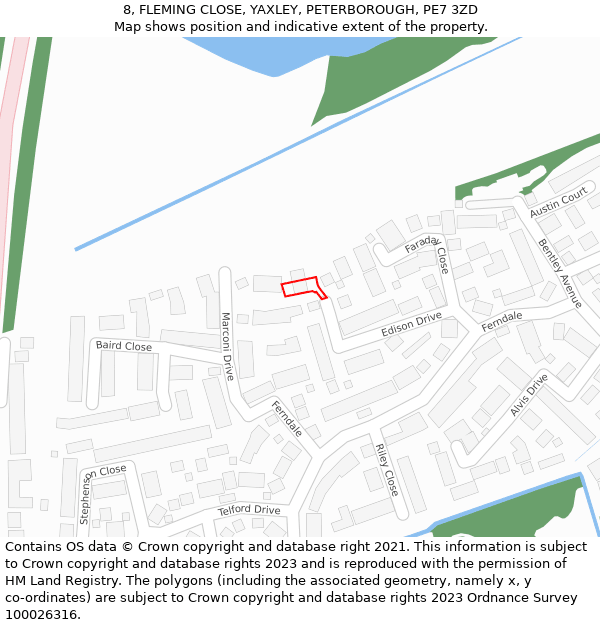 8, FLEMING CLOSE, YAXLEY, PETERBOROUGH, PE7 3ZD: Location map and indicative extent of plot