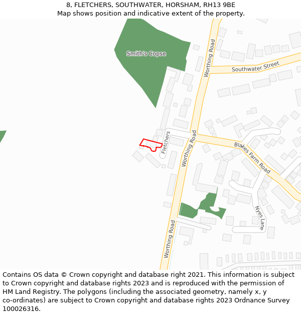 8, FLETCHERS, SOUTHWATER, HORSHAM, RH13 9BE: Location map and indicative extent of plot