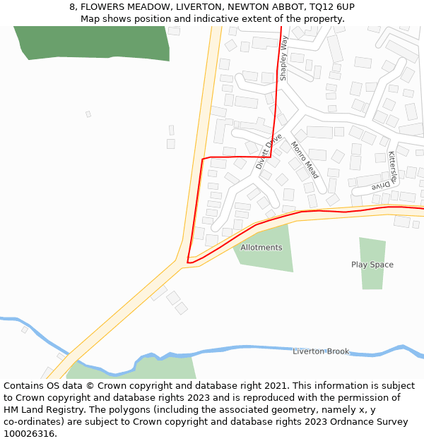 8, FLOWERS MEADOW, LIVERTON, NEWTON ABBOT, TQ12 6UP: Location map and indicative extent of plot