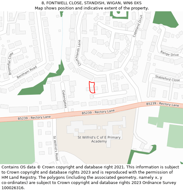 8, FONTWELL CLOSE, STANDISH, WIGAN, WN6 0XS: Location map and indicative extent of plot
