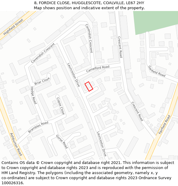 8, FORDICE CLOSE, HUGGLESCOTE, COALVILLE, LE67 2HY: Location map and indicative extent of plot