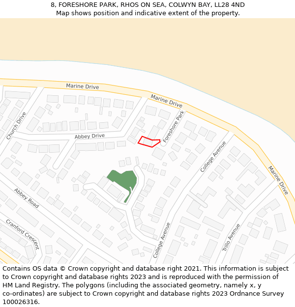 8, FORESHORE PARK, RHOS ON SEA, COLWYN BAY, LL28 4ND: Location map and indicative extent of plot