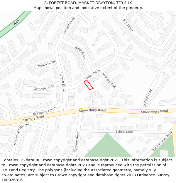 8, FOREST ROAD, MARKET DRAYTON, TF9 3HX: Location map and indicative extent of plot