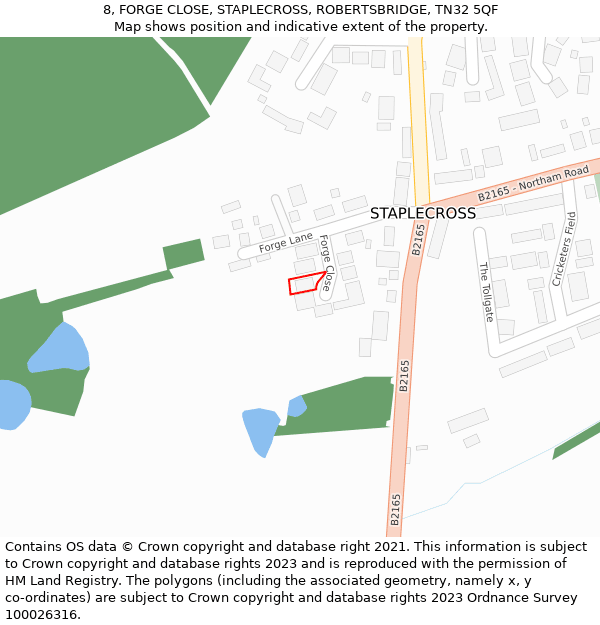 8, FORGE CLOSE, STAPLECROSS, ROBERTSBRIDGE, TN32 5QF: Location map and indicative extent of plot