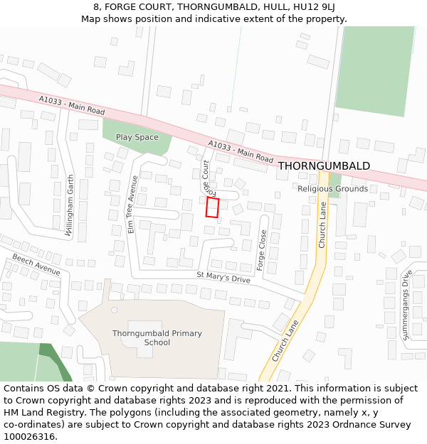 8, FORGE COURT, THORNGUMBALD, HULL, HU12 9LJ: Location map and indicative extent of plot