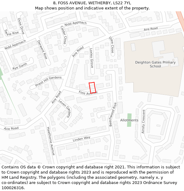 8, FOSS AVENUE, WETHERBY, LS22 7YL: Location map and indicative extent of plot