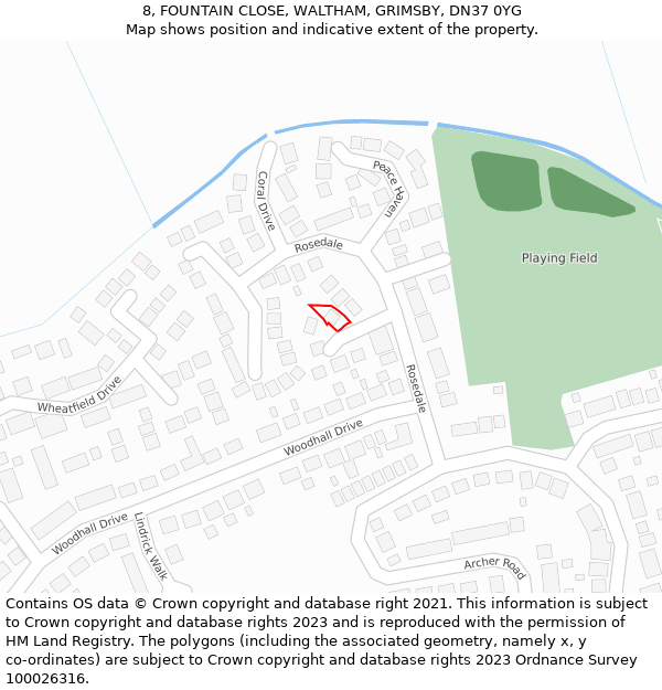 8, FOUNTAIN CLOSE, WALTHAM, GRIMSBY, DN37 0YG: Location map and indicative extent of plot