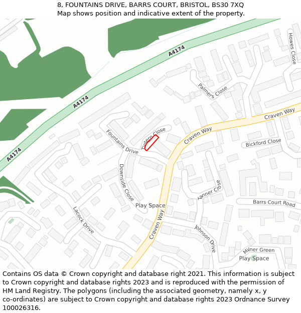 8, FOUNTAINS DRIVE, BARRS COURT, BRISTOL, BS30 7XQ: Location map and indicative extent of plot