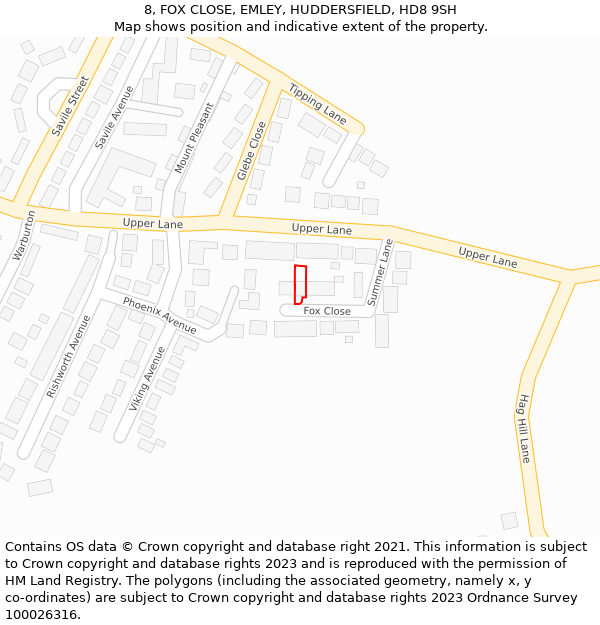 8, FOX CLOSE, EMLEY, HUDDERSFIELD, HD8 9SH: Location map and indicative extent of plot