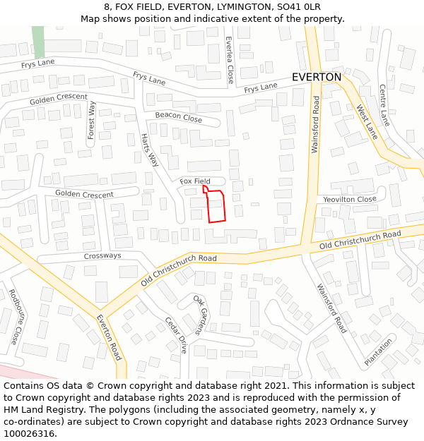 8, FOX FIELD, EVERTON, LYMINGTON, SO41 0LR: Location map and indicative extent of plot