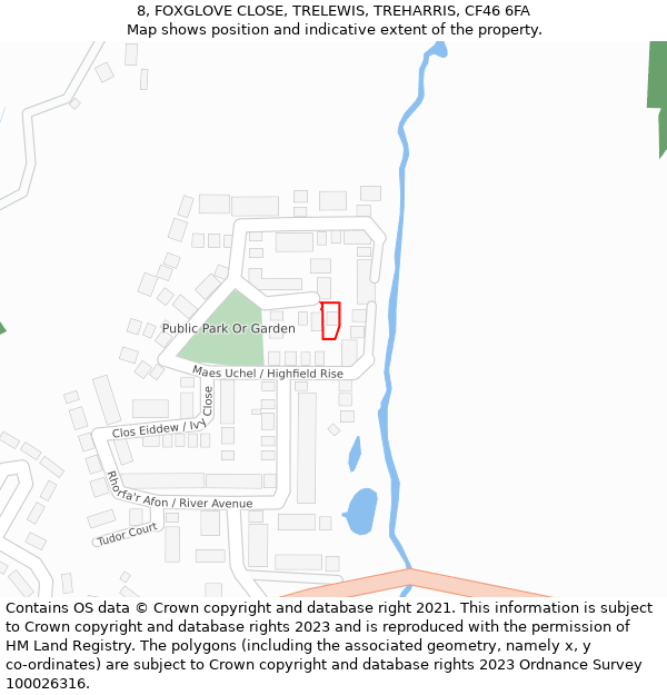 8, FOXGLOVE CLOSE, TRELEWIS, TREHARRIS, CF46 6FA: Location map and indicative extent of plot