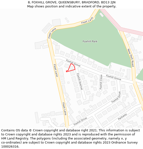 8, FOXHILL GROVE, QUEENSBURY, BRADFORD, BD13 2JN: Location map and indicative extent of plot