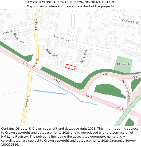 8, FOXTON CLOSE, ALREWAS, BURTON-ON-TRENT, DE13 7FE: Location map and indicative extent of plot