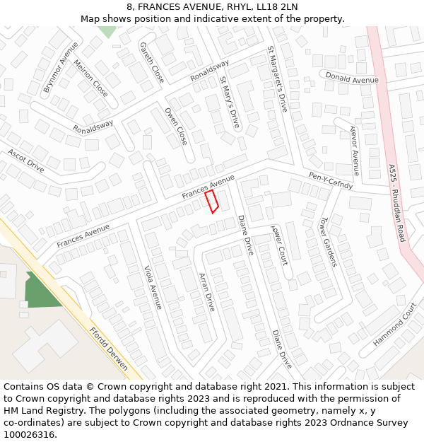 8, FRANCES AVENUE, RHYL, LL18 2LN: Location map and indicative extent of plot