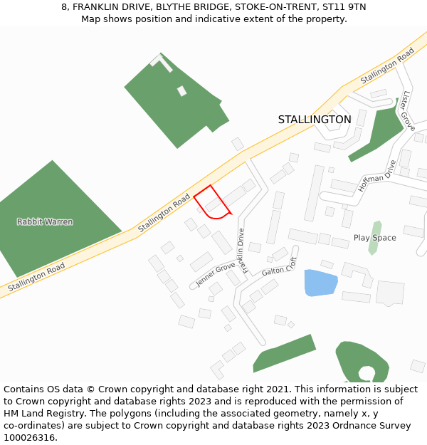 8, FRANKLIN DRIVE, BLYTHE BRIDGE, STOKE-ON-TRENT, ST11 9TN: Location map and indicative extent of plot