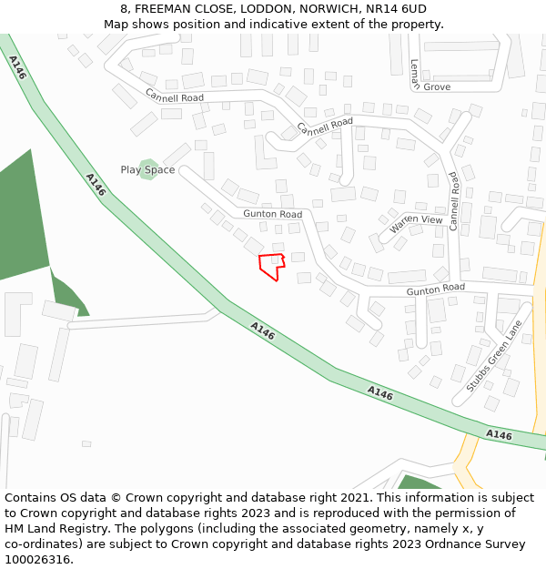 8, FREEMAN CLOSE, LODDON, NORWICH, NR14 6UD: Location map and indicative extent of plot