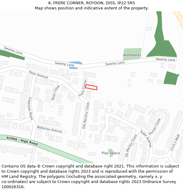 8, FRERE CORNER, ROYDON, DISS, IP22 5RS: Location map and indicative extent of plot