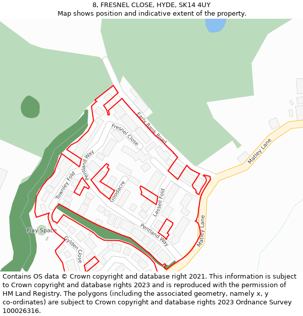 8, FRESNEL CLOSE, HYDE, SK14 4UY: Location map and indicative extent of plot