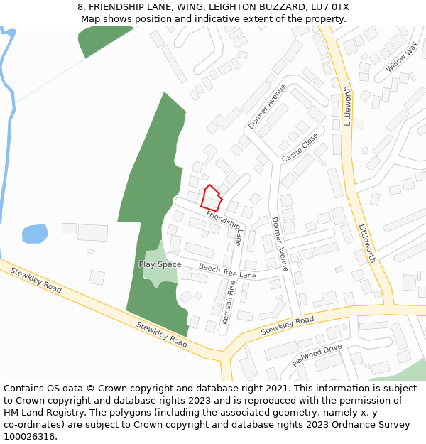 8, FRIENDSHIP LANE, WING, LEIGHTON BUZZARD, LU7 0TX: Location map and indicative extent of plot