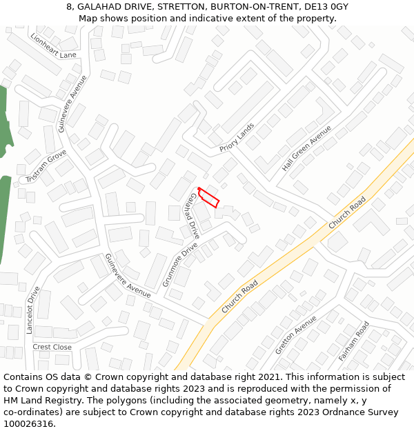 8, GALAHAD DRIVE, STRETTON, BURTON-ON-TRENT, DE13 0GY: Location map and indicative extent of plot