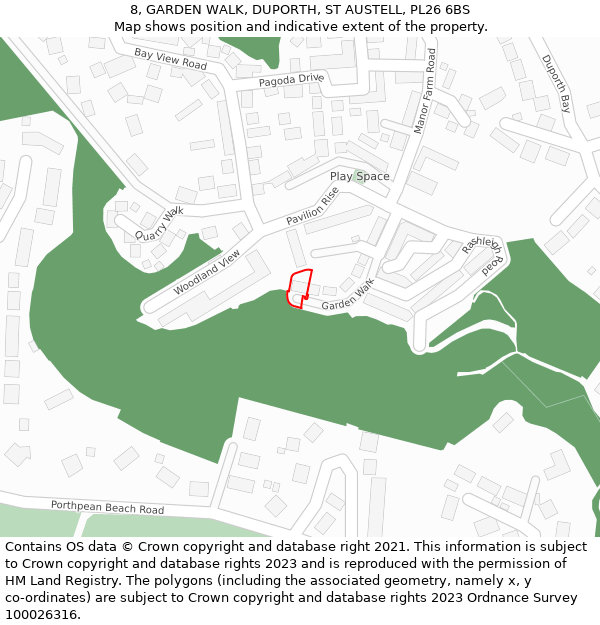 8, GARDEN WALK, DUPORTH, ST AUSTELL, PL26 6BS: Location map and indicative extent of plot