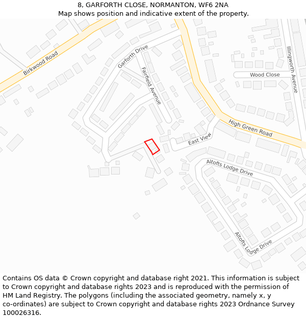 8, GARFORTH CLOSE, NORMANTON, WF6 2NA: Location map and indicative extent of plot