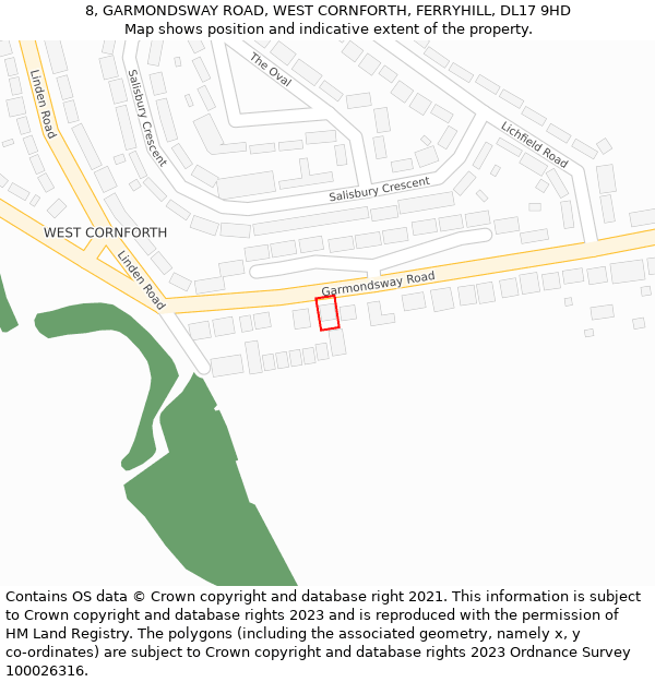 8, GARMONDSWAY ROAD, WEST CORNFORTH, FERRYHILL, DL17 9HD: Location map and indicative extent of plot