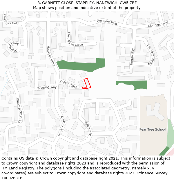 8, GARNETT CLOSE, STAPELEY, NANTWICH, CW5 7RF: Location map and indicative extent of plot