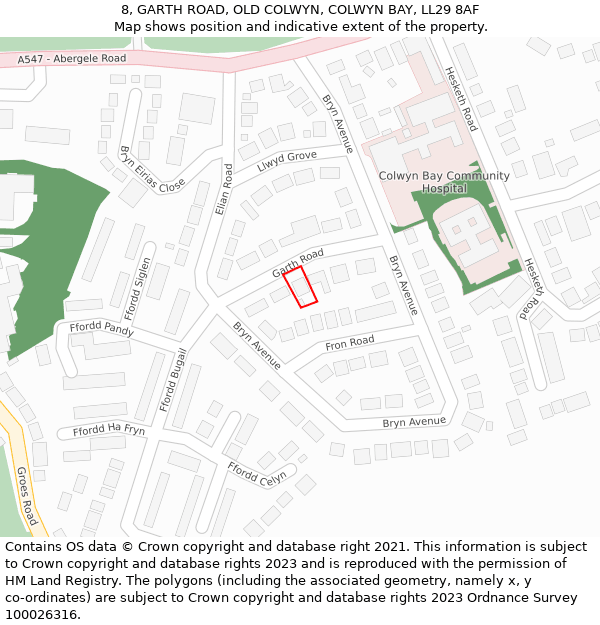 8, GARTH ROAD, OLD COLWYN, COLWYN BAY, LL29 8AF: Location map and indicative extent of plot