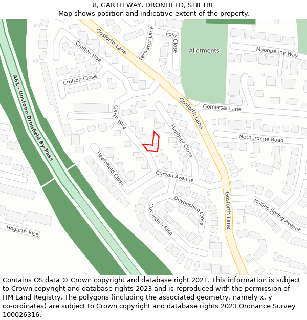 8, GARTH WAY, DRONFIELD, S18 1RL: Location map and indicative extent of plot