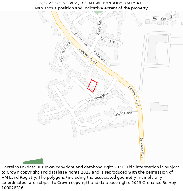 8, GASCOIGNE WAY, BLOXHAM, BANBURY, OX15 4TL: Location map and indicative extent of plot