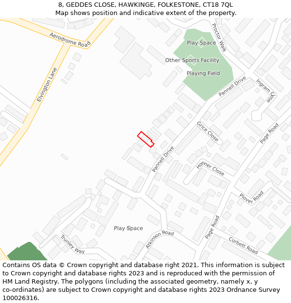 8, GEDDES CLOSE, HAWKINGE, FOLKESTONE, CT18 7QL: Location map and indicative extent of plot