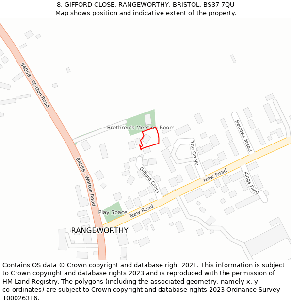 8, GIFFORD CLOSE, RANGEWORTHY, BRISTOL, BS37 7QU: Location map and indicative extent of plot