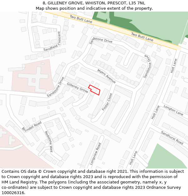 8, GILLENEY GROVE, WHISTON, PRESCOT, L35 7NL: Location map and indicative extent of plot