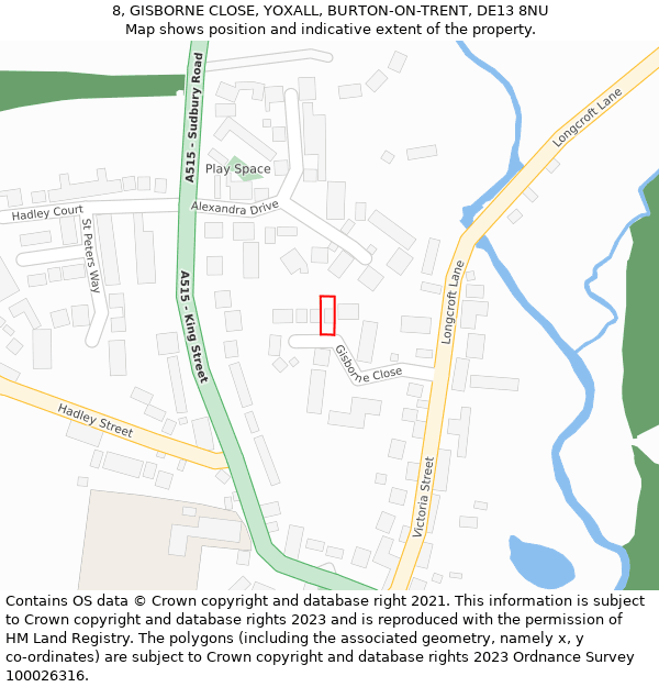 8, GISBORNE CLOSE, YOXALL, BURTON-ON-TRENT, DE13 8NU: Location map and indicative extent of plot