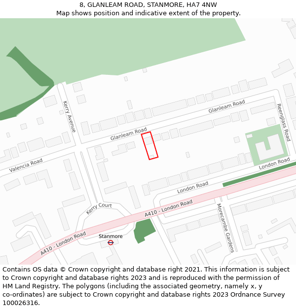 8, GLANLEAM ROAD, STANMORE, HA7 4NW: Location map and indicative extent of plot