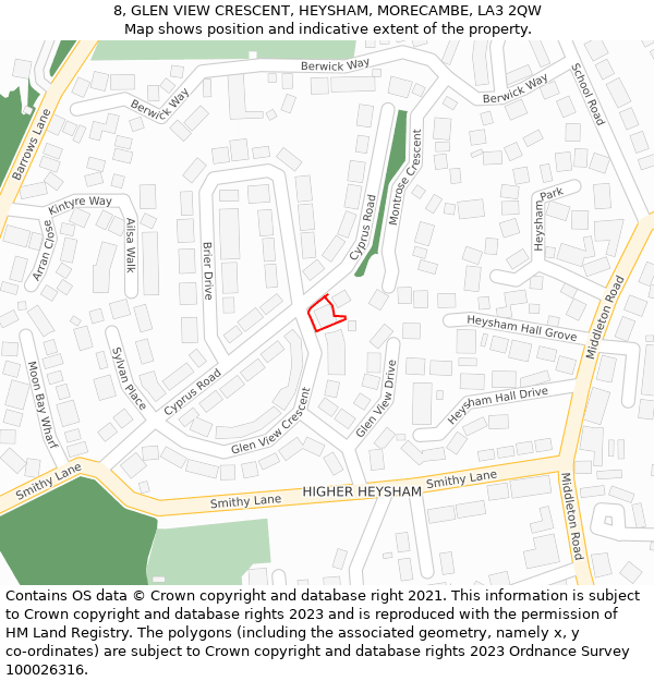 8, GLEN VIEW CRESCENT, HEYSHAM, MORECAMBE, LA3 2QW: Location map and indicative extent of plot