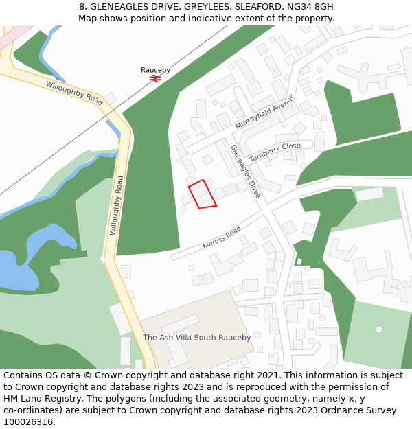 8, GLENEAGLES DRIVE, GREYLEES, SLEAFORD, NG34 8GH: Location map and indicative extent of plot