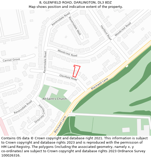 8, GLENFIELD ROAD, DARLINGTON, DL3 8DZ: Location map and indicative extent of plot