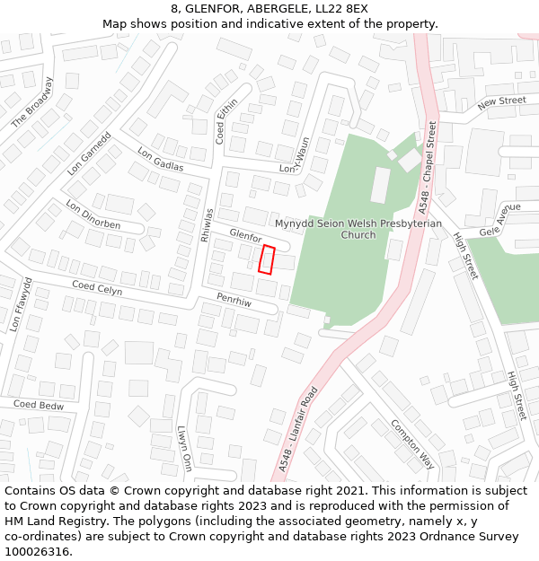 8, GLENFOR, ABERGELE, LL22 8EX: Location map and indicative extent of plot